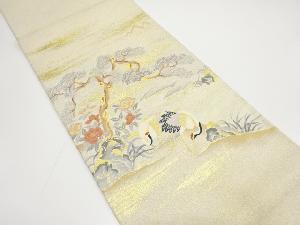 アンティーク　綴れ　鶴に松・草花模様織り出し袋帯（材料）